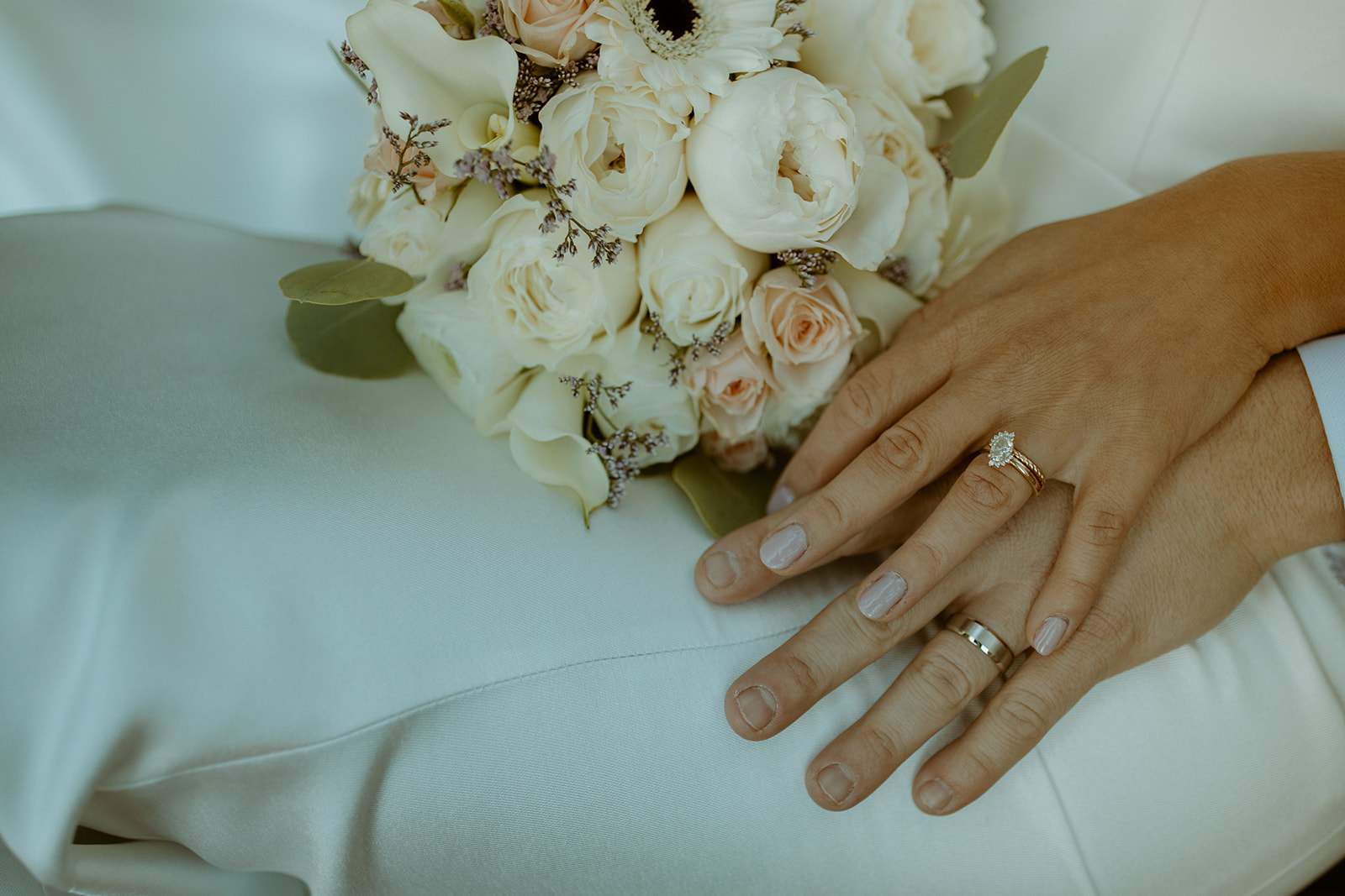 Wedding rings and bouquet detail