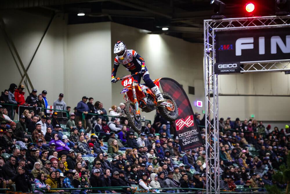 Trystan Hart in the air over the packed stands at the Reno Livestock Events Center, photo by Jack Jaxson for Cycle News
