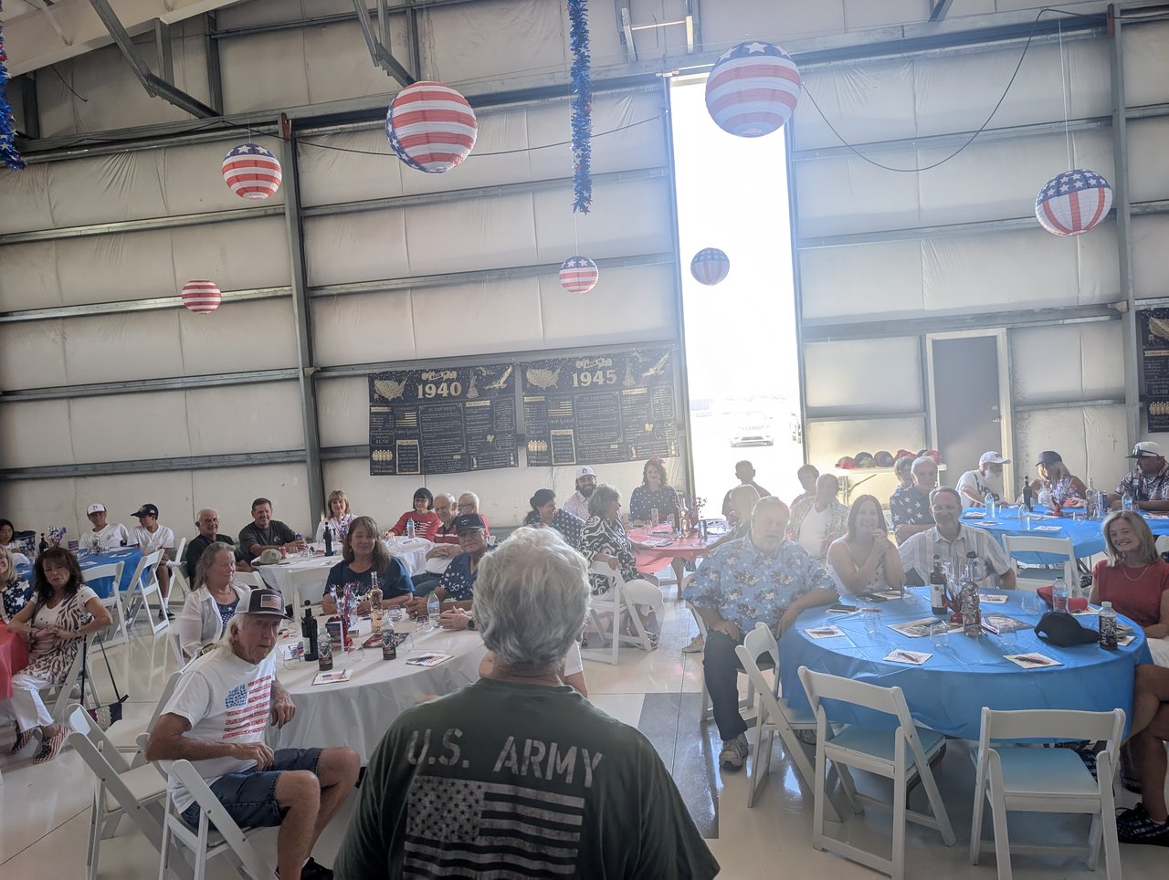 A host in a U.S. Army shirt greeting the round tables under the flag lanterns
